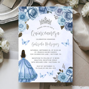 Convites Quinceañera Azul Floral Aquarela Prata