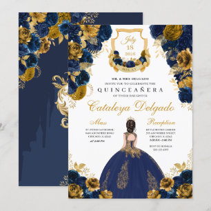 Convites Quinceañera Azul marinho e Elegante Floral Dourada