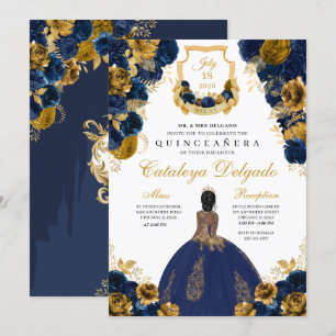 Convites Quinceañera Azul marinho e Elegante Floral Dourada