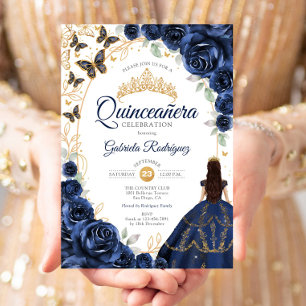 Convites Quinceanera Azul Marinho Floral Dourado