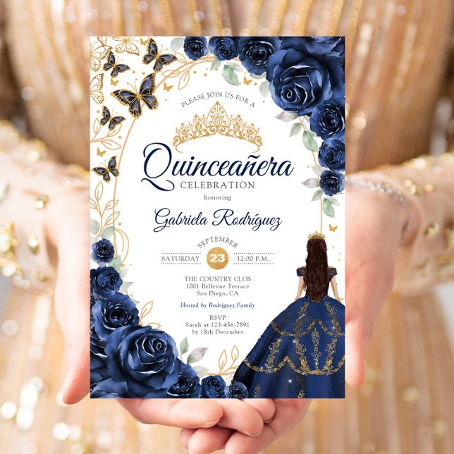 Convites Quinceanera Azul Marinho Floral Dourado (Criador carregado)