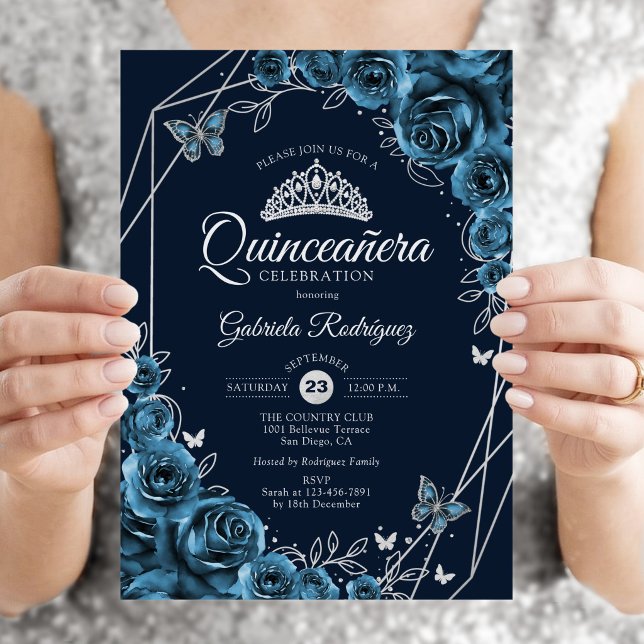Convites Quinceanera Azul Marinho Floral Prata (Criador carregado)