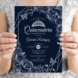Convites Quinceanera Azul Marinho Floral Prata