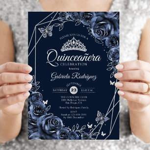 Convites Quinceanera Azul Marinho Floral Prata