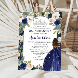 Convites Quinceañera Azul Marinho Floral Princesa Aniversár