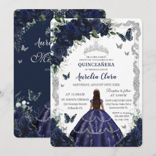 Convites Quinceañera Azul Marinho Floral Princesa Prata