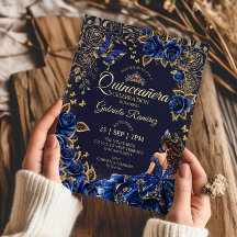 Quinceañera Azul Marinho Tiaras Douradas Rosas