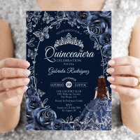 Quinceanera Azul Prata Borboletas Rosas