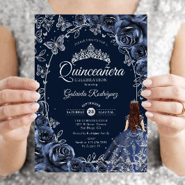 Convites Quinceanera Azul Prata Borboletas Rosas