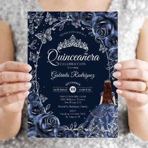 Convites Quinceanera Azul Prata Borboletas Rosas