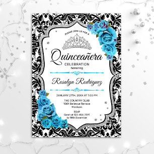 Convites Quinceanera - Azul Prateado Damasco