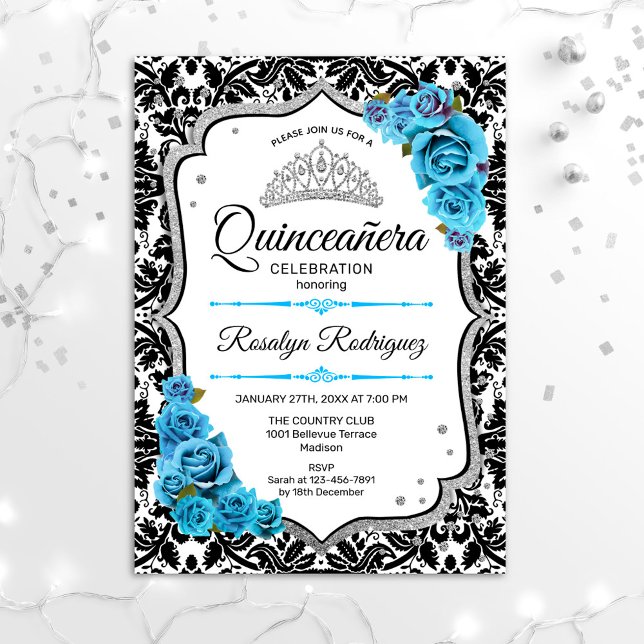 Convites Quinceanera - Azul Prateado Damasco (Criador carregado)