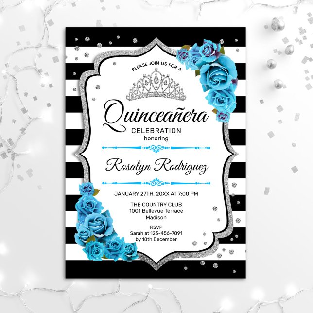 Convites Quinceanera - Azul Prateado Preto Branco (Criador carregado)