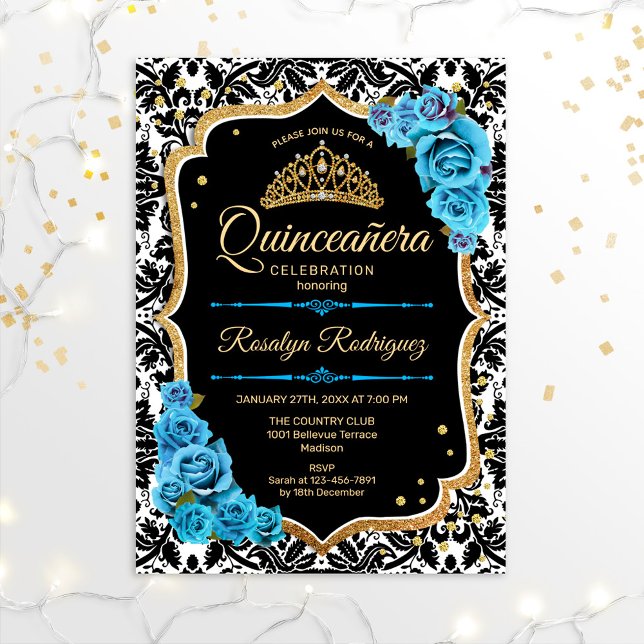 Convites Quinceanera - Azul Preto Dourado (Criador carregado)