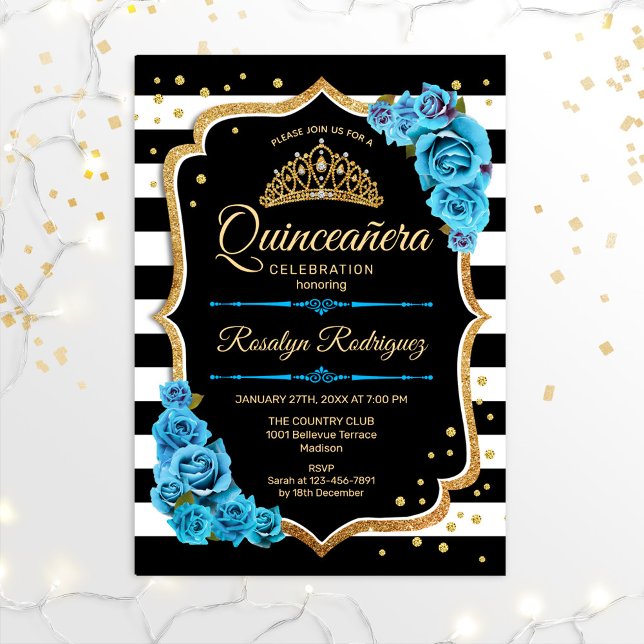 Convites Quinceanera - Azul Preto Dourado (Criador carregado)