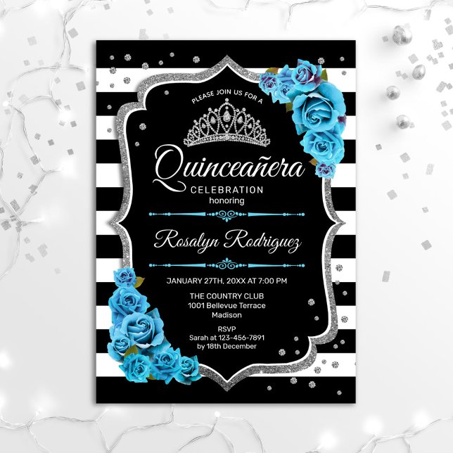 Convites Quinceanera - Azul Preto Prateado (Criador carregado)