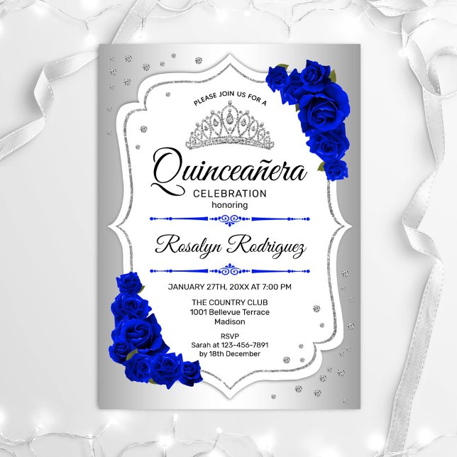 Convites Quinceanera - Azul Real Branco Prateado (Criador carregado)