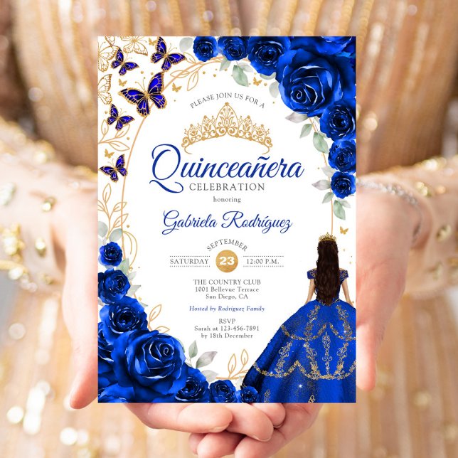 Convites Quinceanera Azul Real Dourado Floral (Criador carregado)
