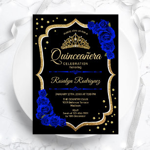 Convites Quinceanera - Azul Real Dourado Negro