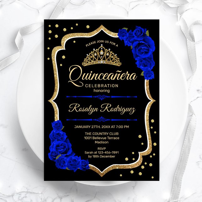 Convites Quinceanera - Azul Real Dourado Negro (Criador carregado)