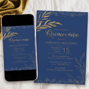 Convites Quinceanera Azul Real e Folha Dourada Elegante