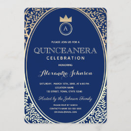 Convites Quinceanera Azul Real e Princesa Monograma Dourado