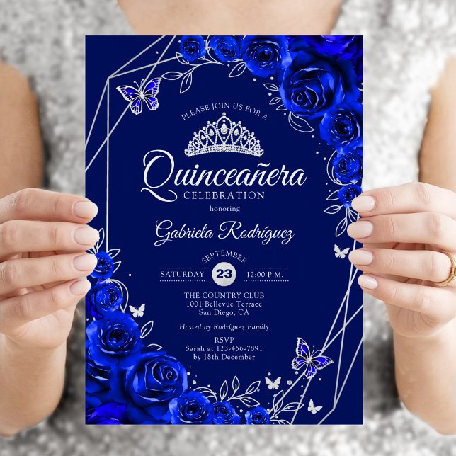Convites Quinceanera Azul Real Floral Prata (Criador carregado)
