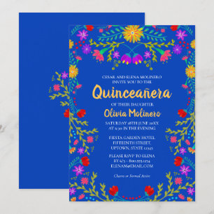 Convites Quinceanera Azul Real Flores Mexicanas Aniversário