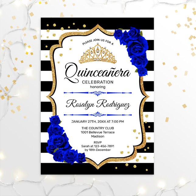 Convites Quinceanera - Azul Real Negro Branco Dourado (Criador carregado)
