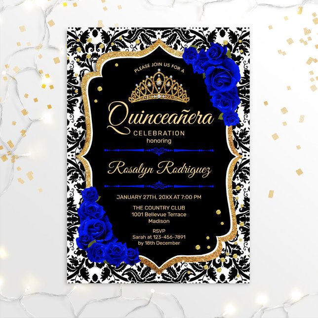 Convites Quinceanera - Azul Real Negro Dourado (Criador carregado)