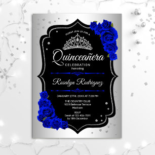 Convites Quinceanera - Azul Real Preto Prateado