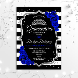 Convites Quinceanera - Azul Real Preto Prateado
