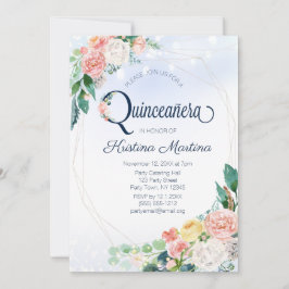Convites Quinceanera Azul-Rosa Vintage Aniversário