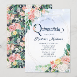 Convites Quinceanera Azul-Rosa Vintage Aniversário