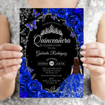 Quinceanera Azul Royal Floral Prata