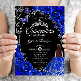 Convites Quinceanera Azul Royal Floral Prata