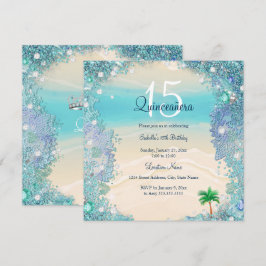 Convites Quinceanera Azul Teal Areia Oceano Praia Aniversár