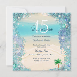 Convites Quinceanera Azul Teal Areia Oceano Praia Aniversár