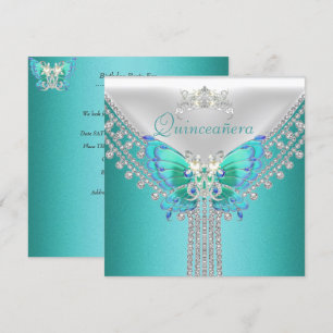 Convites Quinceañera Azul Teal Branco Borboleta Diamante