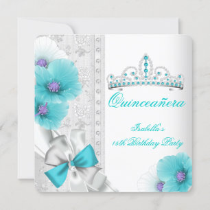 Convites Quinceanera Azul Teal Branco Tiara Diamante Floral