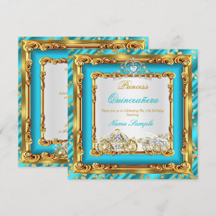 Convites Quinceanera Azul Teal Dourado Diamante Carruagem d