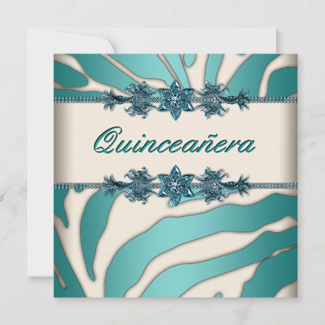 Convites Quinceanera Azul Teal Marfim Zebra (Frente)
