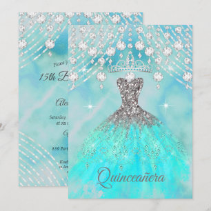 Convites Quinceanera Azul Teal Prata Festa de 15 Anos de Id