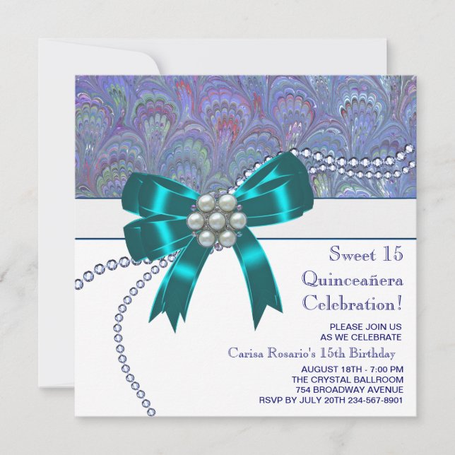 Convites Quinceanera Azul Teal Roxo (Frente)