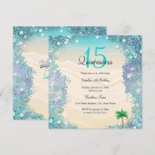 Convites Quinceanera Azul Turquesa Areia Oceano Praia Anive