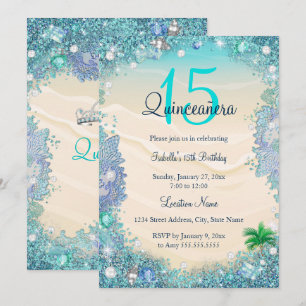 Convites Quinceanera Azul Turquesa Areia Oceano Praia Anive