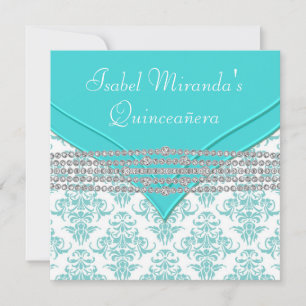 Convites Quinceanera Azul Turquesa Branco Damask Diamante