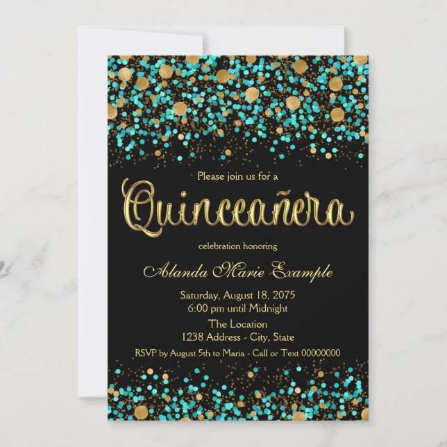 Convites Quinceanera Azul Turquesa e Dourado (Frente)