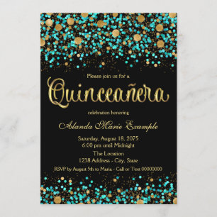Convites Quinceanera Azul Turquesa e Dourado