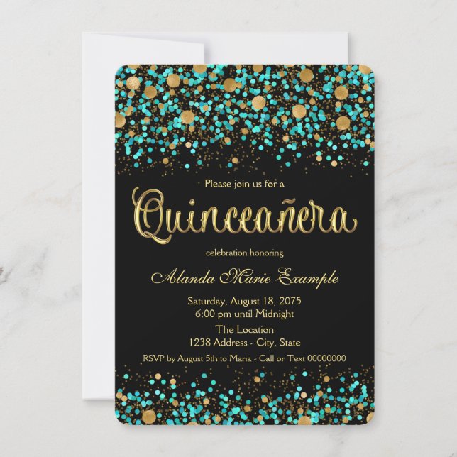 Convites Quinceanera Azul Turquesa e Dourado (Frente)
